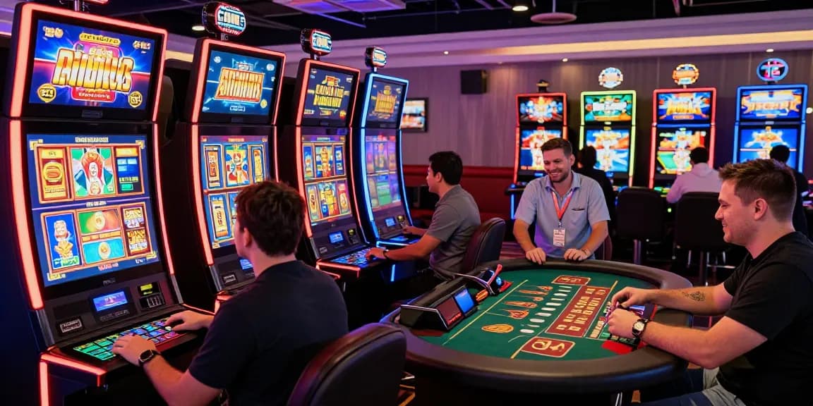 Exciting players enjoying credit card casinos with vibrant slot machines and dealer games.