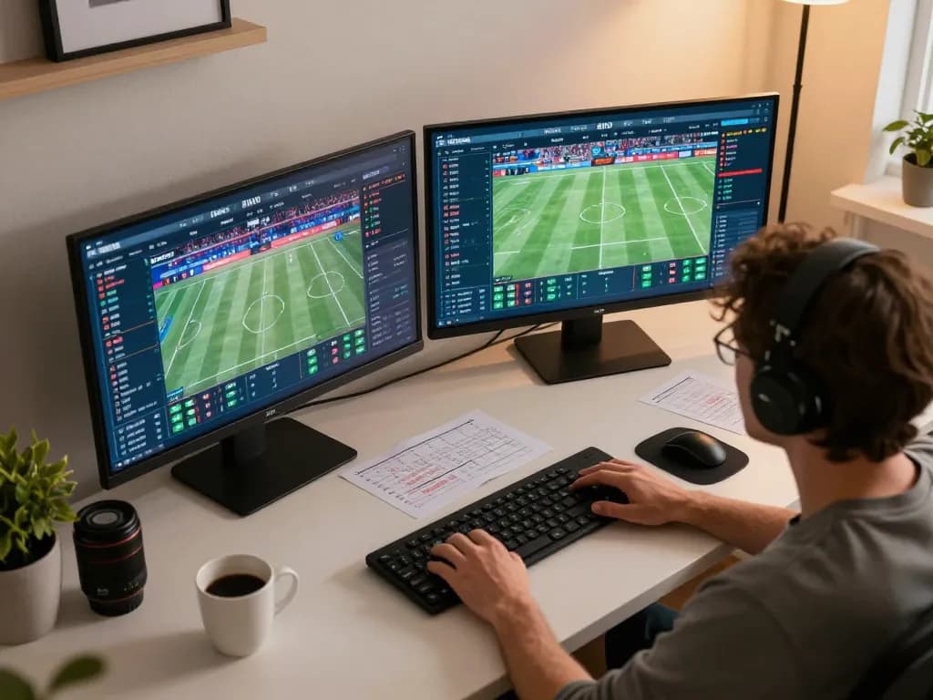 Engaged gambler analyzing odds on 33win while betting on live sports from home