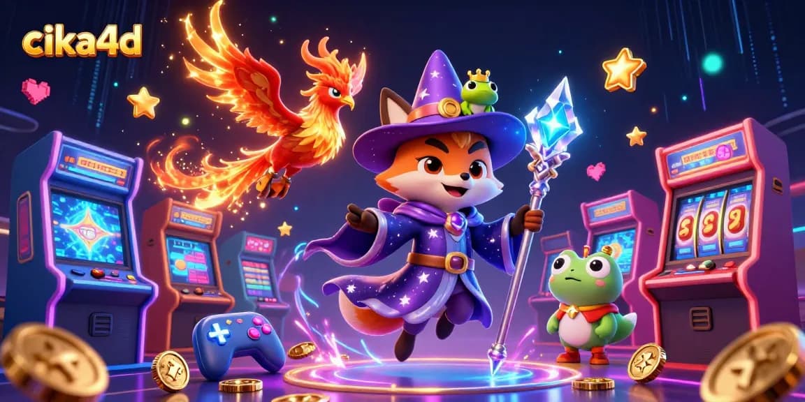 Engage with CIKA4D's vibrant gaming scene featuring a wizard and phoenix amidst colorful slots and arcade machines.
