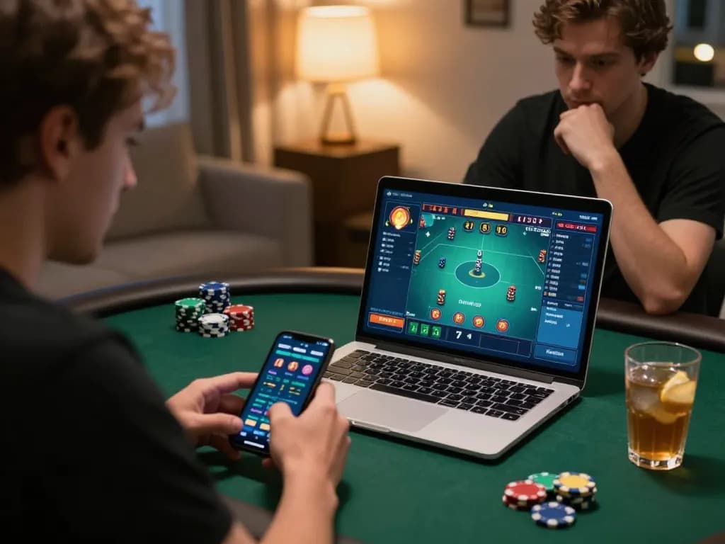 Players engaging in a strategic online poker game with rikvip focused on their laptops and mobile devices