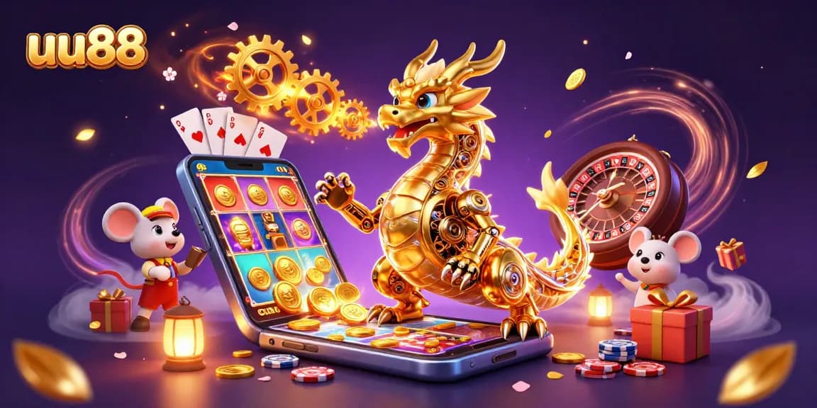 Play immersive games on uu88 with 3D virtual elements, a dragon and engineer surrounded by slots and cards.