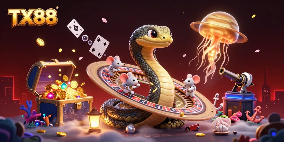 Engage in thrilling bets at TX88 under the cosmic roulette with a Saturn ring snake and astronaut mice.