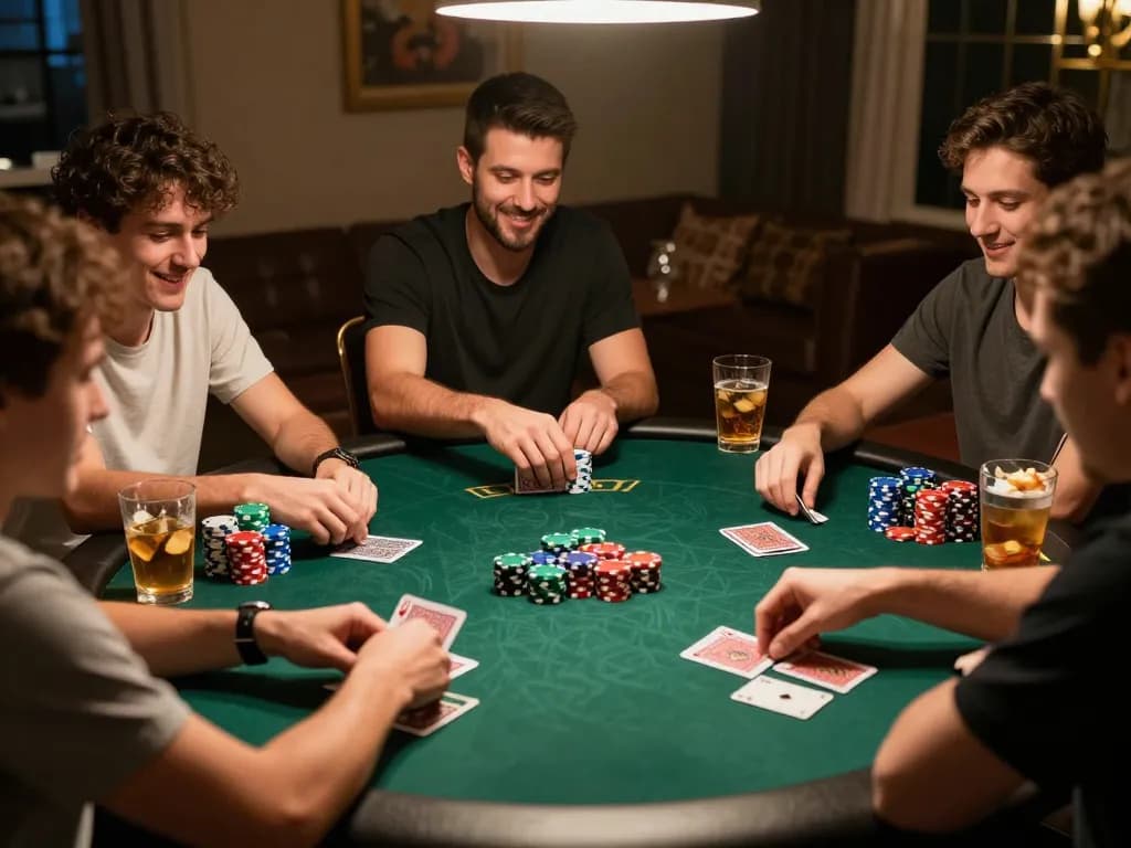 Friends enjoying a lively poker game at home, showcasing the five88 top-friendly atmosphere of strategic gameplay.