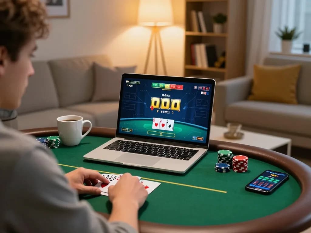 Player enjoying online poker at home with mm 88 on laptop, showcasing an engaging gaming setup