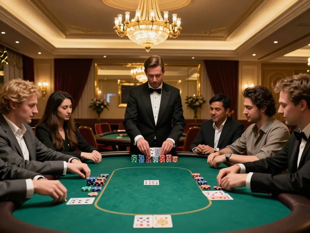 Players engage in high-stakes poker at FB88, showcasing dynamic gameplay in a luxurious setting.