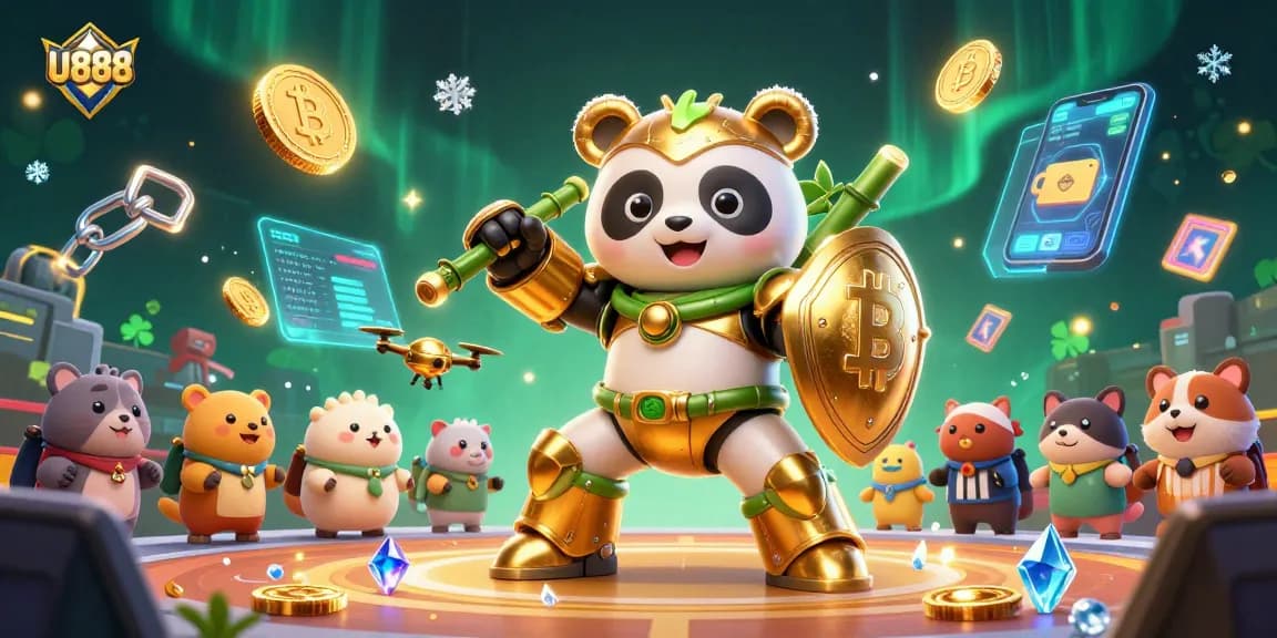 Experience thrilling gaming action at U888, where a golden panda battles in a vibrant casino arena.