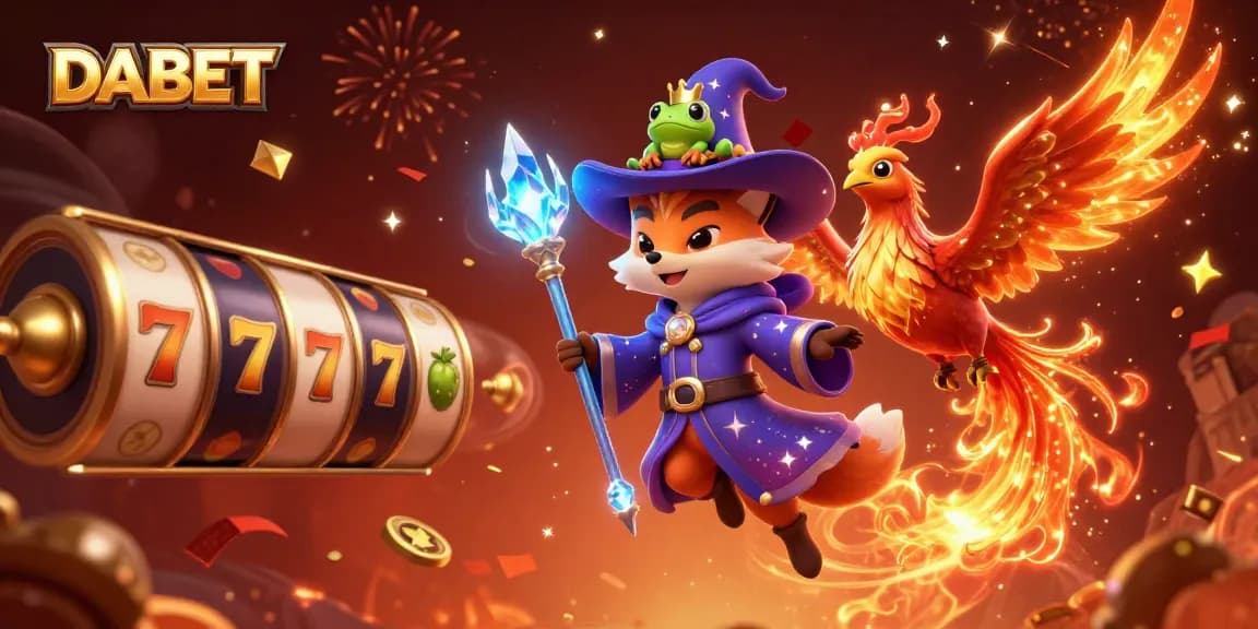 DABET players spin thrilling slot reels amidst a magical scene with a wizard fox and phoenix, enjoying a vibrant casino experience.