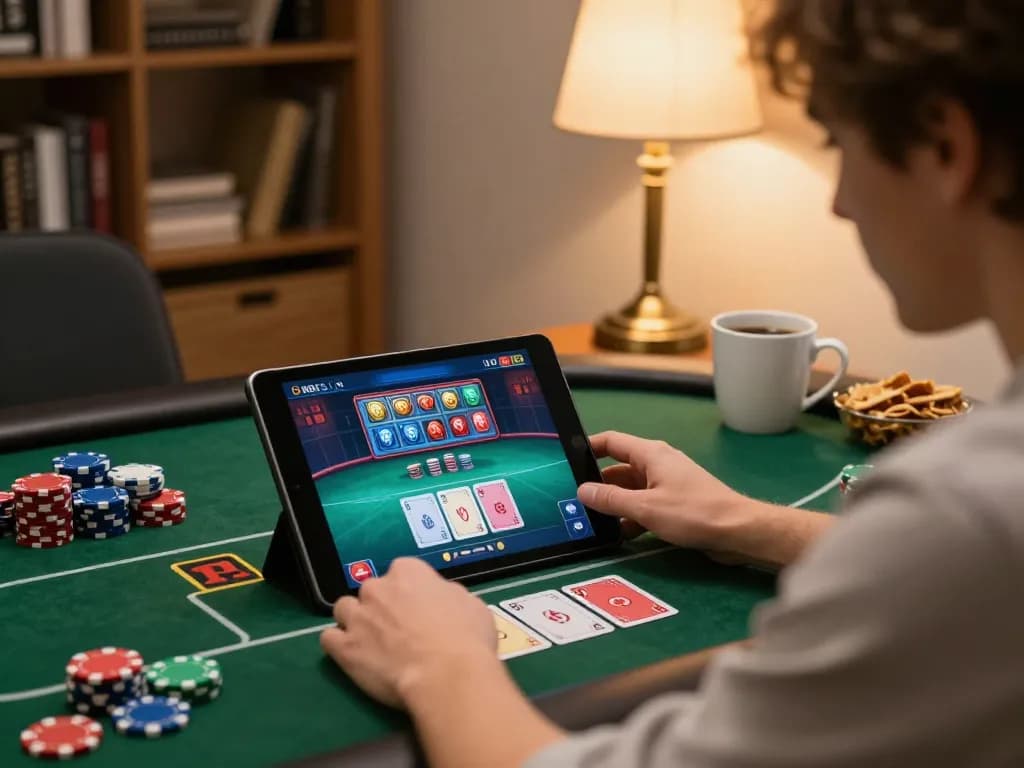 Player enjoying online poker through TA88 tablet in cozy home setting with strategic gameplay elements