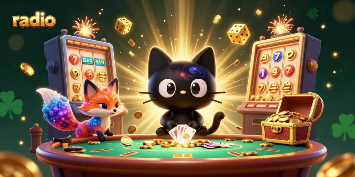 Experience thrilling wins at radio-themed casino filled with vibrant characters and slot machine excitement.