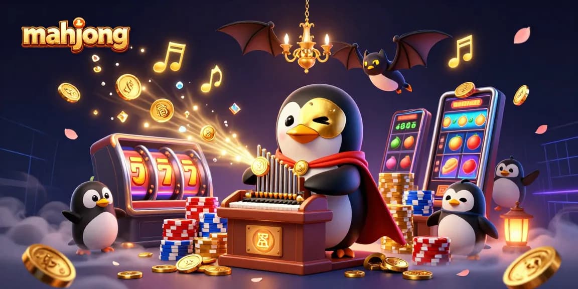 Experience mahjong excitement with a penguin themed casino illustration full of dynamic elements.