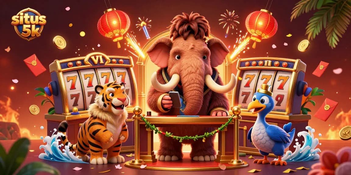 Experience the excitement of situs 5k at this vibrant casino scene with a woolly mammoth bouncer and a saber-tooth tiger VIP.