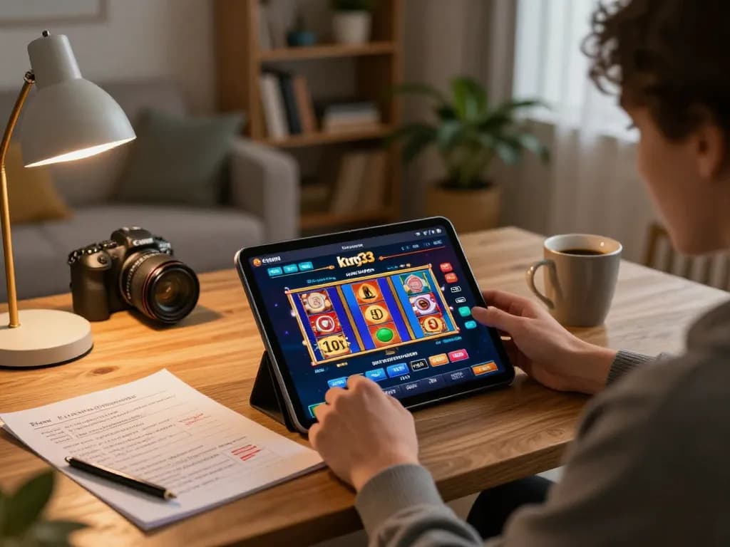 Engaging online casino experience at home with king33 app displayed on tablet, showcasing vibrant slot games.
