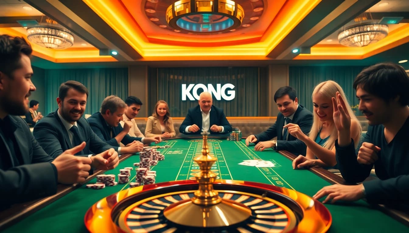 KONG 88 players enjoying an exciting game at a luxurious casino table with vibrant poker chips.