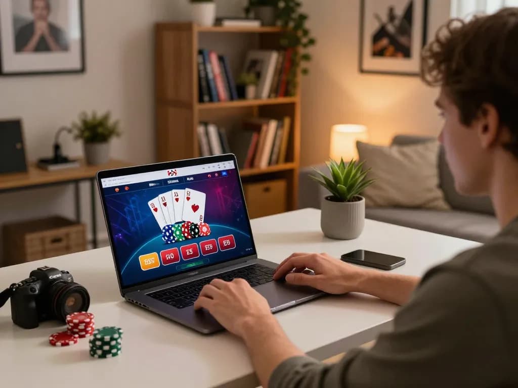 Engaging in Canada online casinos on a laptop at home, showcasing poker gameplay with vibrant interface