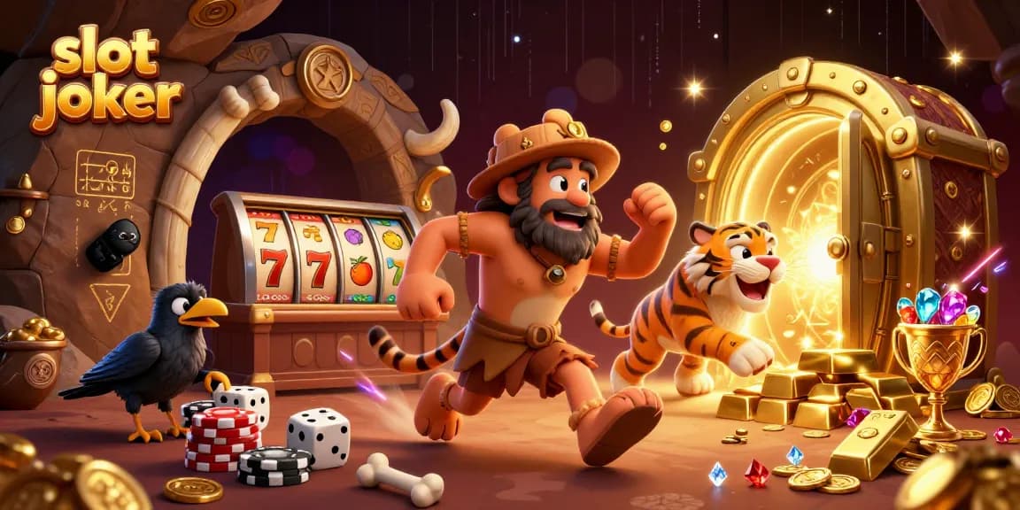 Experience the thrill of slot joker in this dynamic prehistoric casino illustration featuring wild characters and exciting game elements.