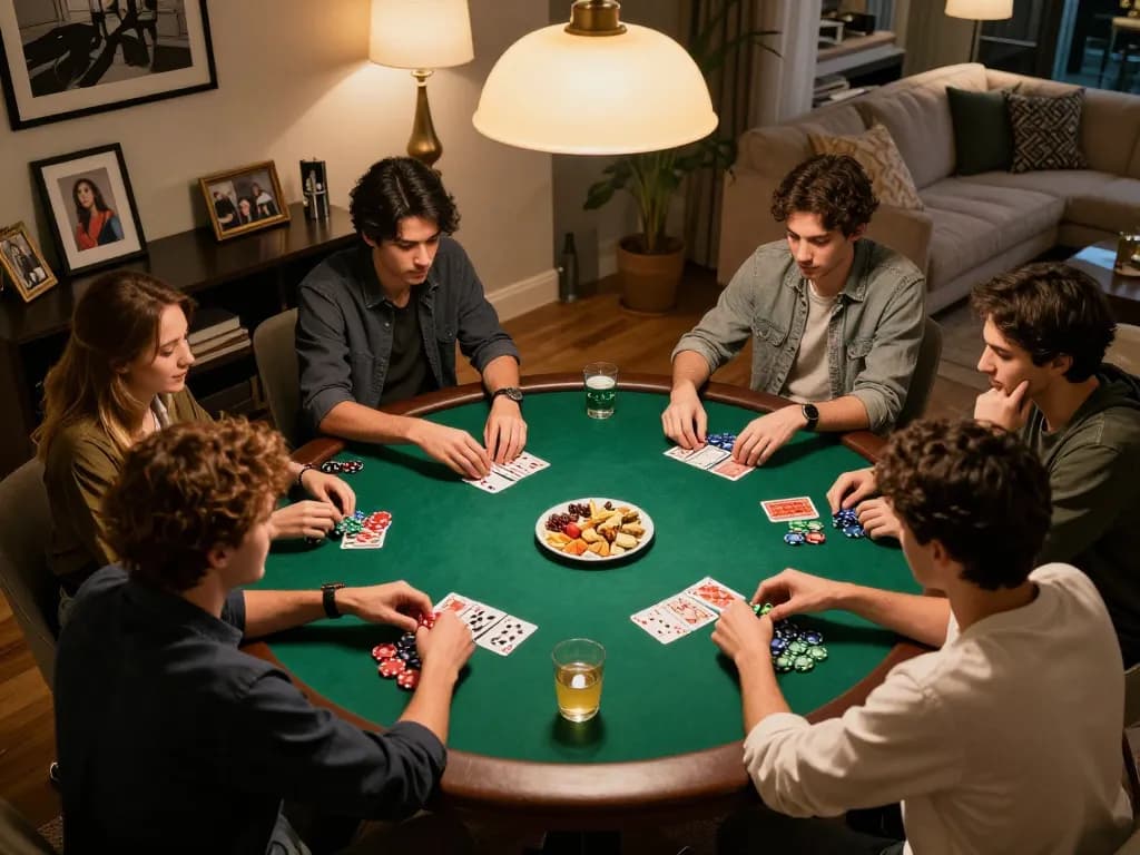 Engaging home poker night with friends showcasing slot gacor gameplay and strategic betting.
