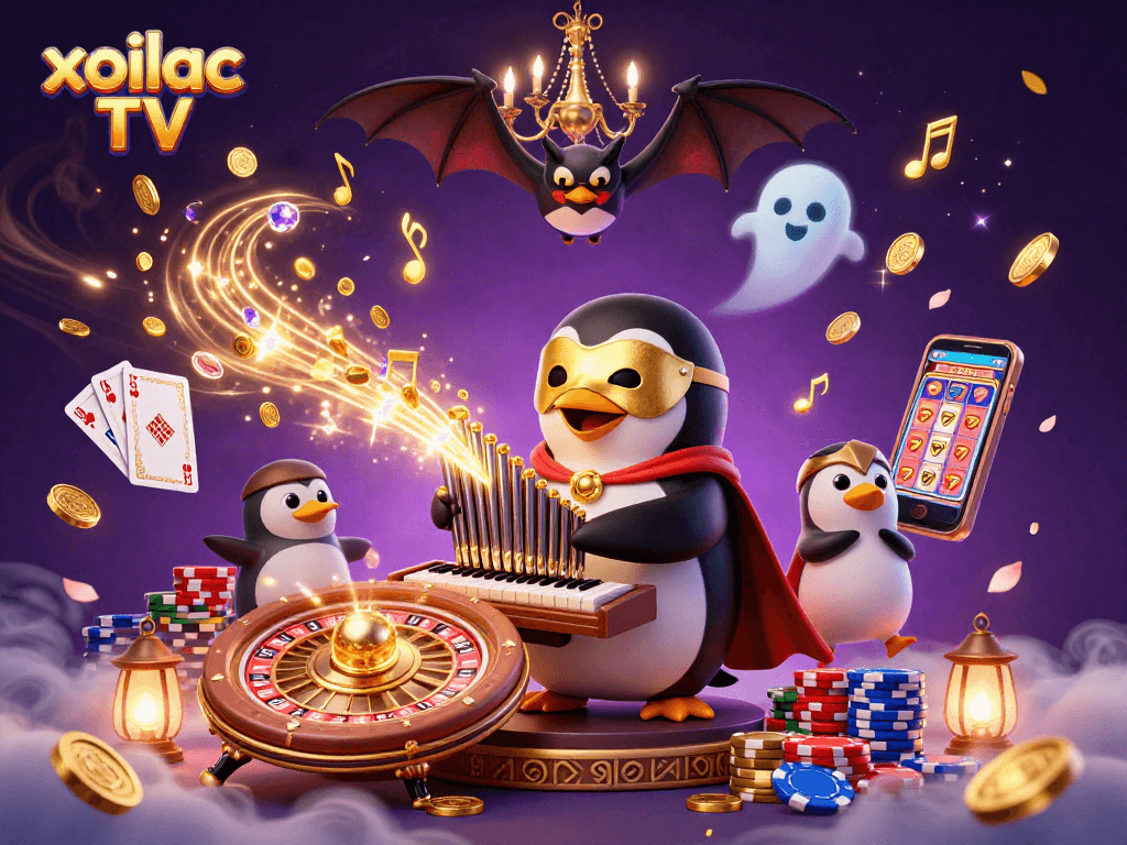 Xoilac TV: Đắm chìm trong không gian casino đầy màu sắc với penguin ma và bat acrobat.