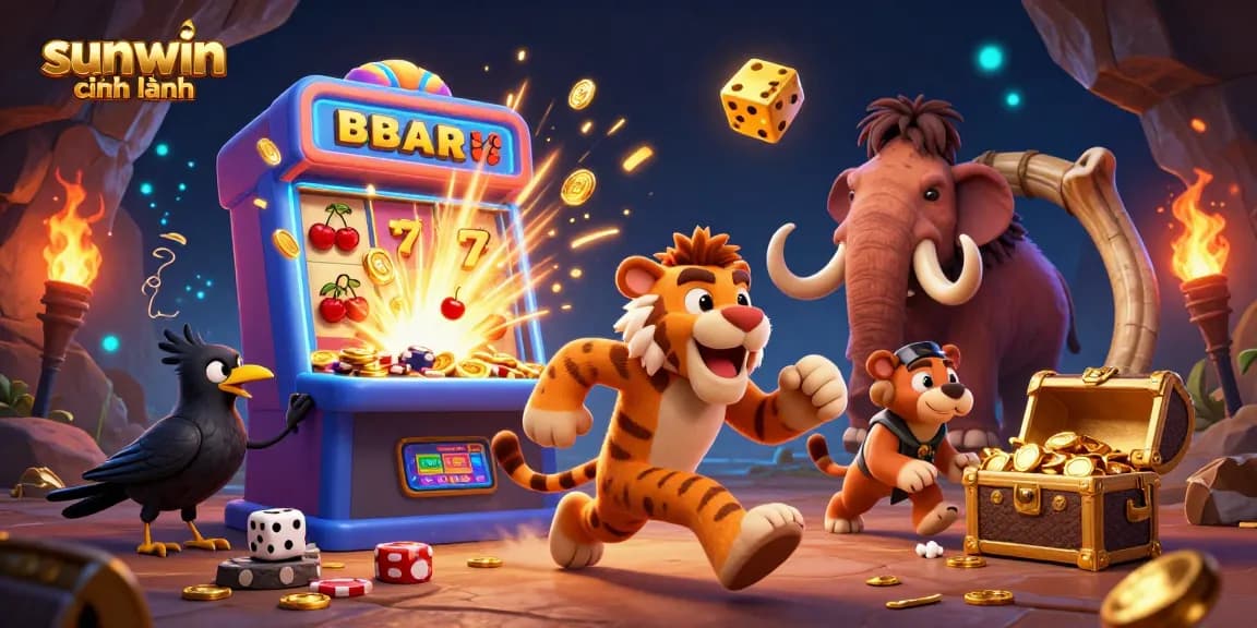 Experience the thrill of sunwin chính hãng with a vibrant prehistoric casino scene filled with action and excitement.