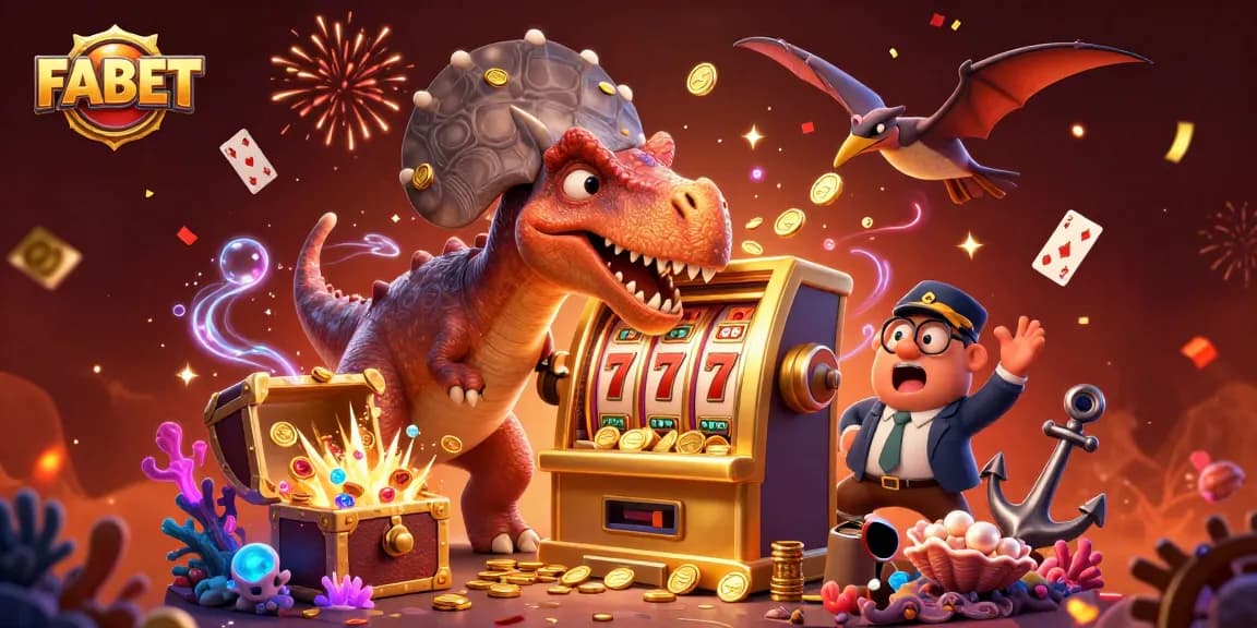 FABET slots theme illustration with cartoon dinosaurs celebrating jackpots and golden coins.