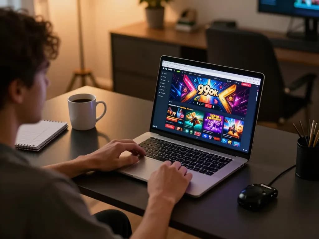 Person strategically gaming on 99ok platform, showcasing vibrant online casino interface.