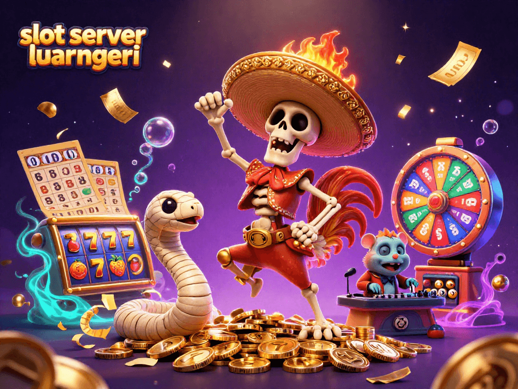 Experience the excitement of slot server luar negeri with a vibrant scene featuring a cartoon mariachi rooster and casino elements.
