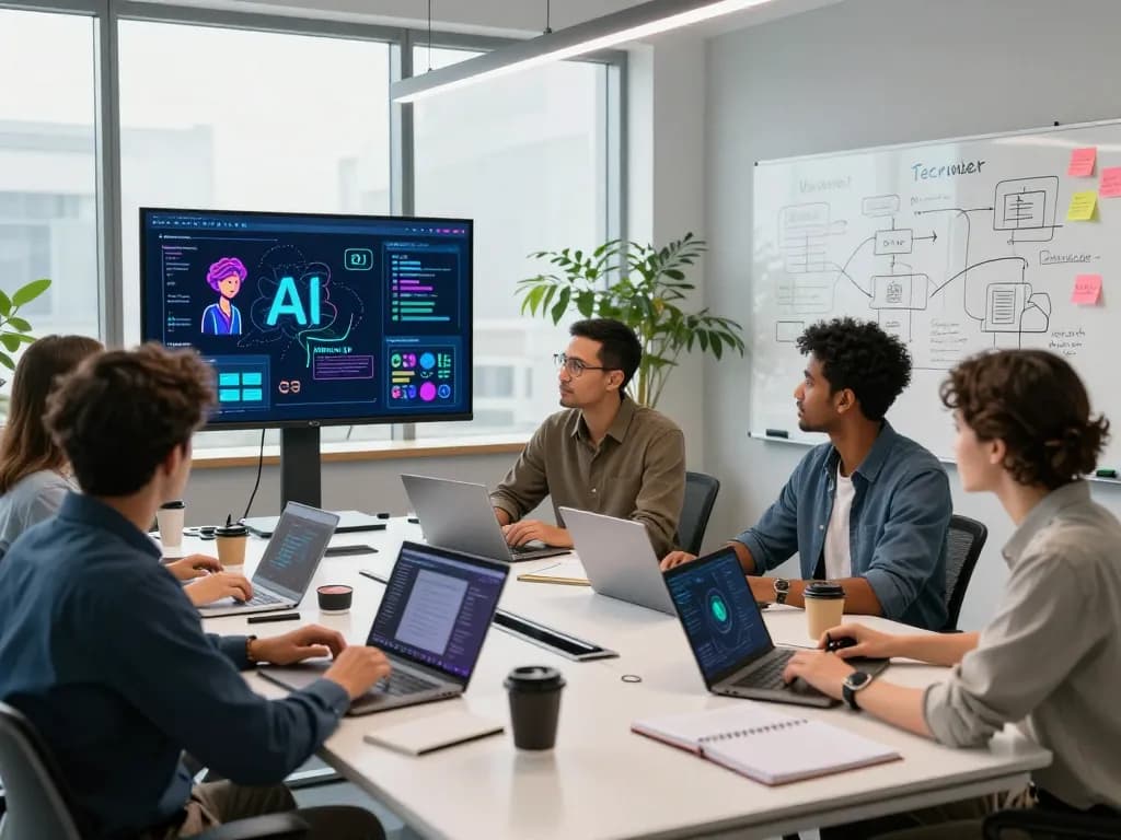 Diverse team working on AI project showcasing juicy ai algorithms in a vibrant digital workspace.