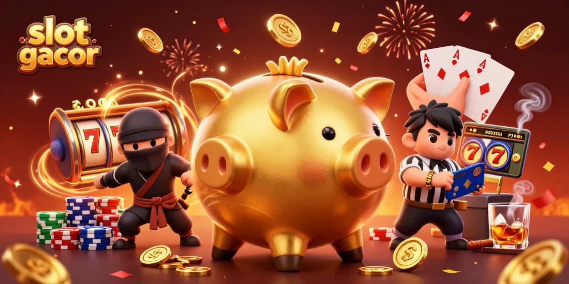 Engage with slot gacor in a dynamic casino scene featuring a golden piggy bank sumo wrestler and vibrant poker elements.