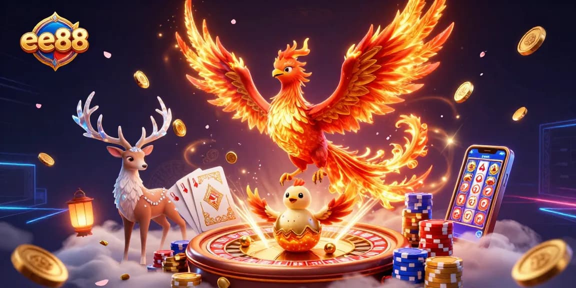 Engage in the thrill of ee88 with stunning visuals of a phoenix and casino elements.