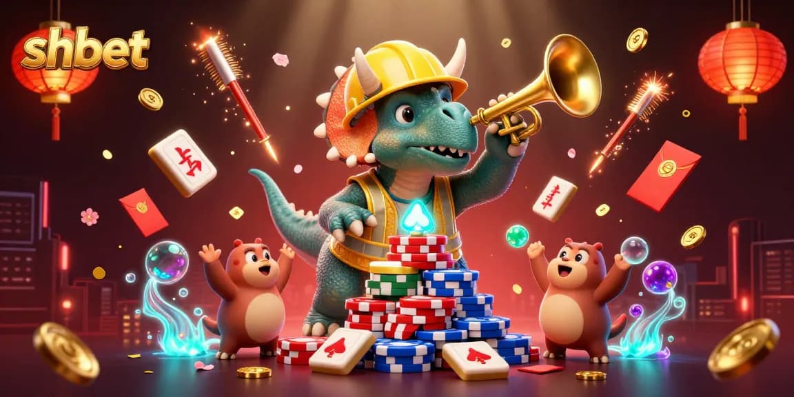 Celebrate wins at shbet with 3D triceratops and friends building a poker chip pyramid.