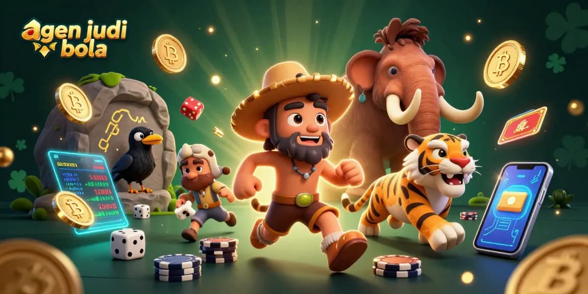 Bet on agen judi bola with a vibrant illustration showing a caveman and tiger duo managing a prehistoric casino.