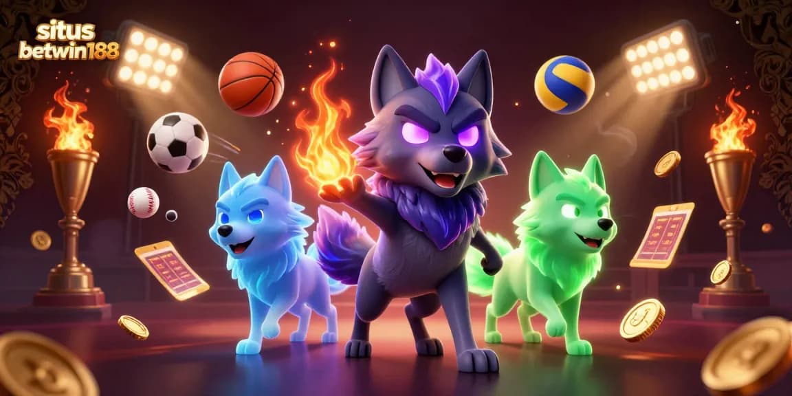Experience thrilling sports betting at situs betwin188 with a dynamic wolf pack illustration.