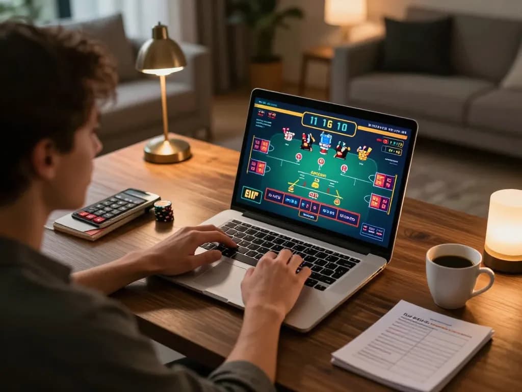 Player enjoying online baccarat at home, showcasing hz88 strategy notes and an inviting atmosphere.