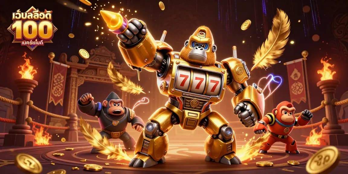 Experience thrilling action with the golden gorilla mech in the world of เว็บสล็อต แท้ 100 เปอร์เซ็นต์, surrounded by dynamic casino elements.