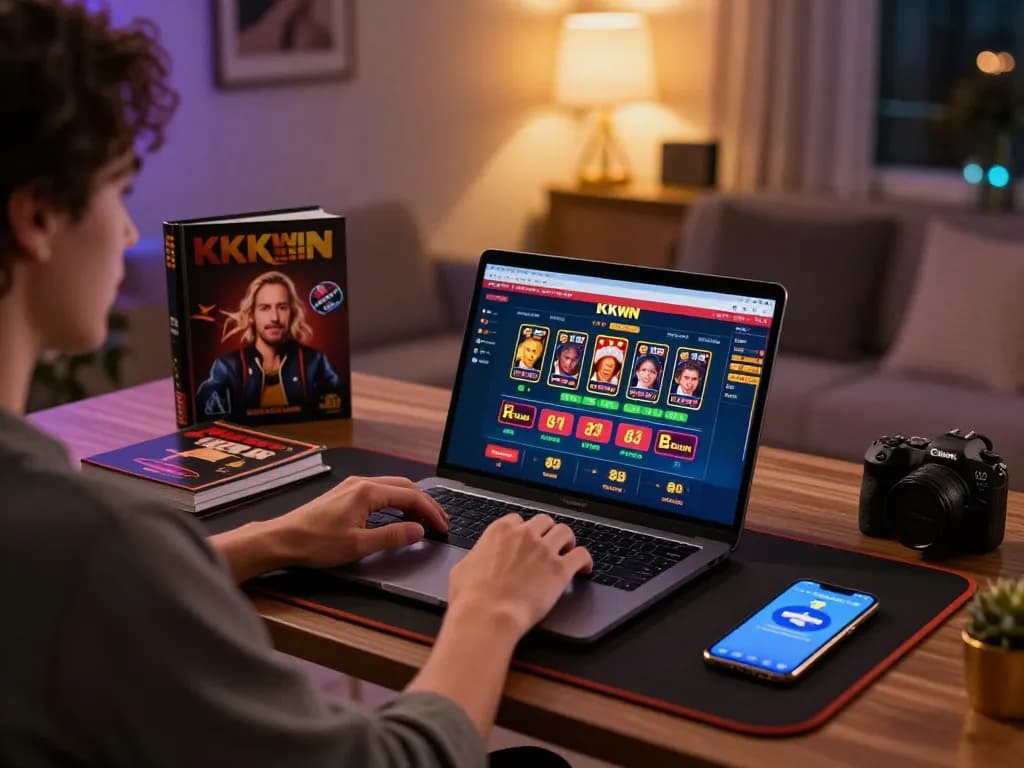 Player engaging on KKWIN online casino app, showcasing a dynamic gaming setup at home.