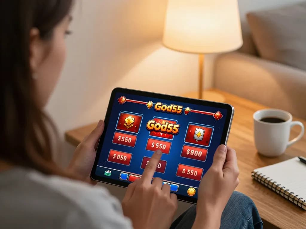 Engaging in gameplay at god55 casino on a tablet in a cozy home environment, emphasizing responsible gaming.