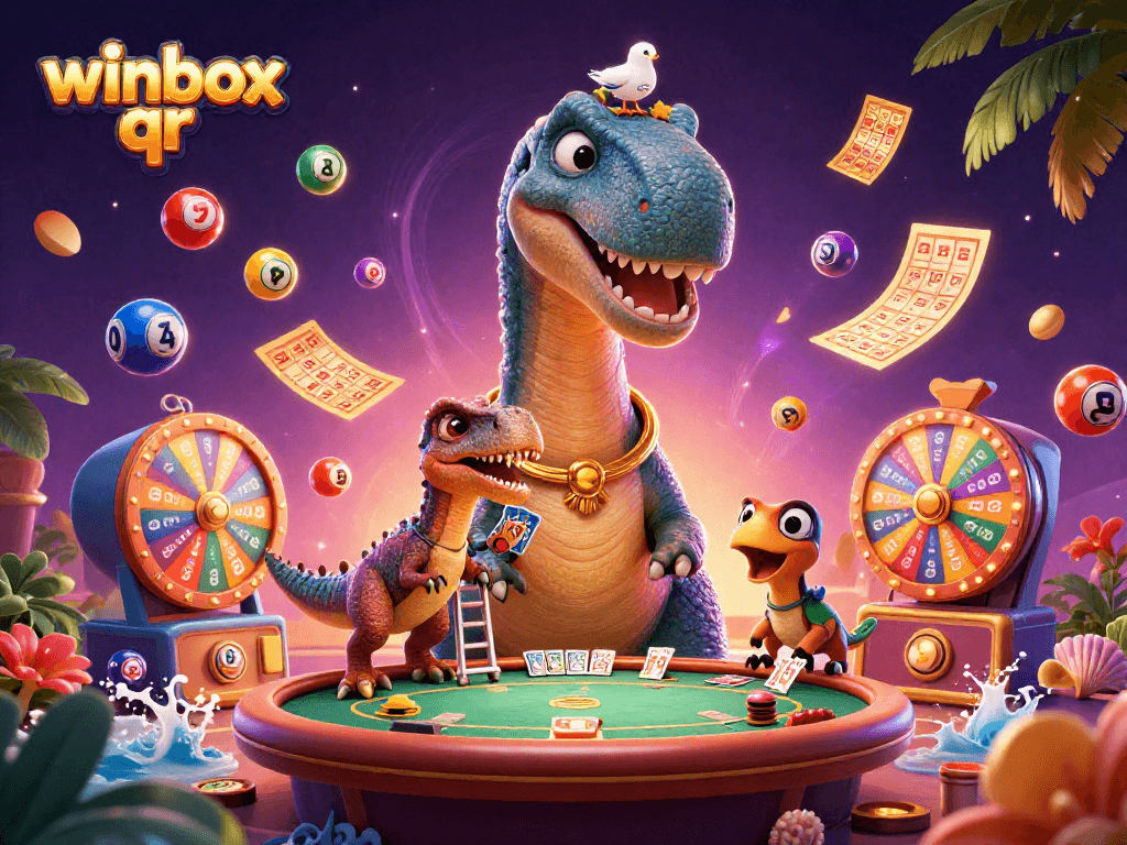 Engage with winbox qr at a vibrant casino scene featuring thrilling games and dynamic characters.
