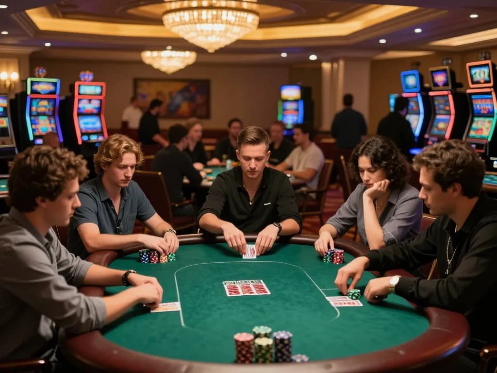 Players engaging in an intense poker game at a top-tier casino, highlighting the thrill of 98win.