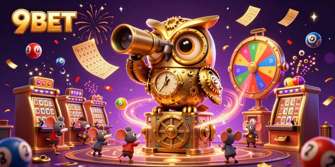 Win big at 9BET with a vibrant casino scene featuring an owl, slot machines, and colorful gaming elements.