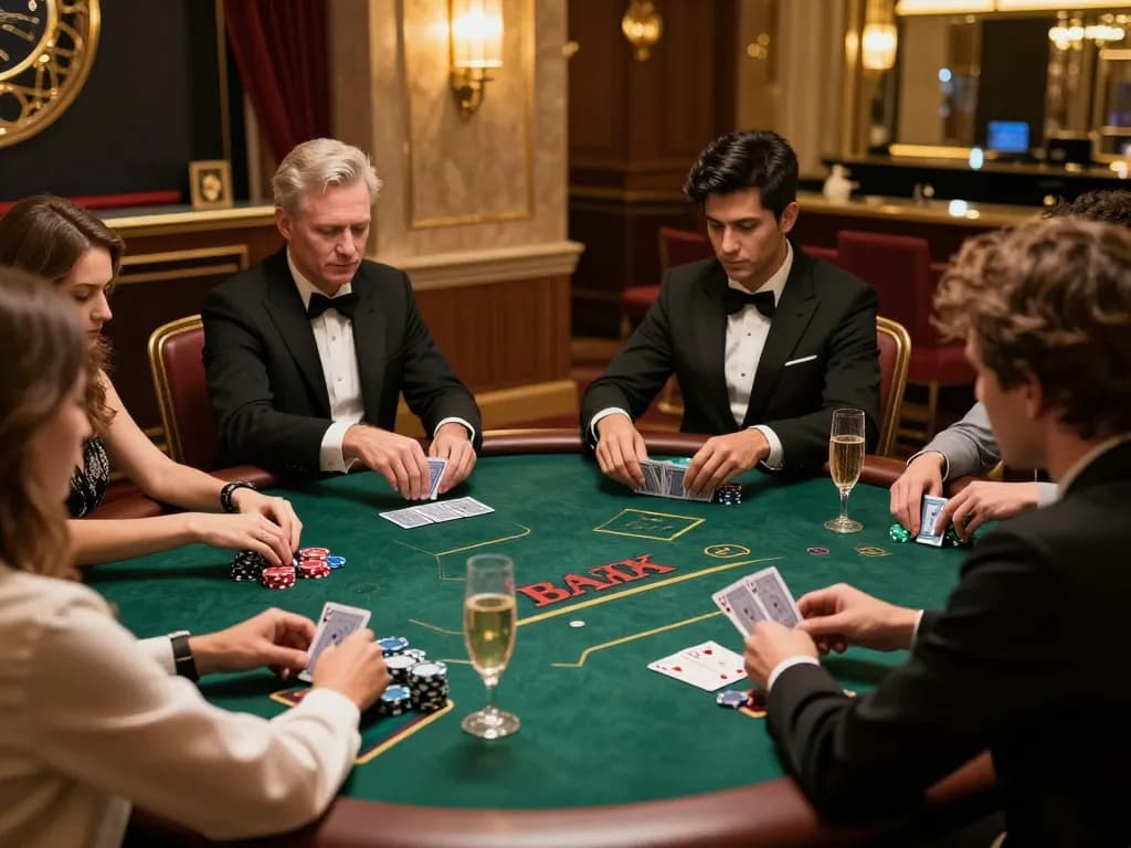 Players strategizing over an exclusive VIP poker table at a casino while enjoying champagne and chips, vipwin experience.