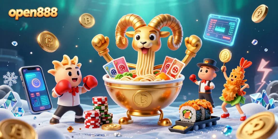 Engage with open888's thrilling casino experience featuring animated noodles, crypto coins, and vibrant characters.