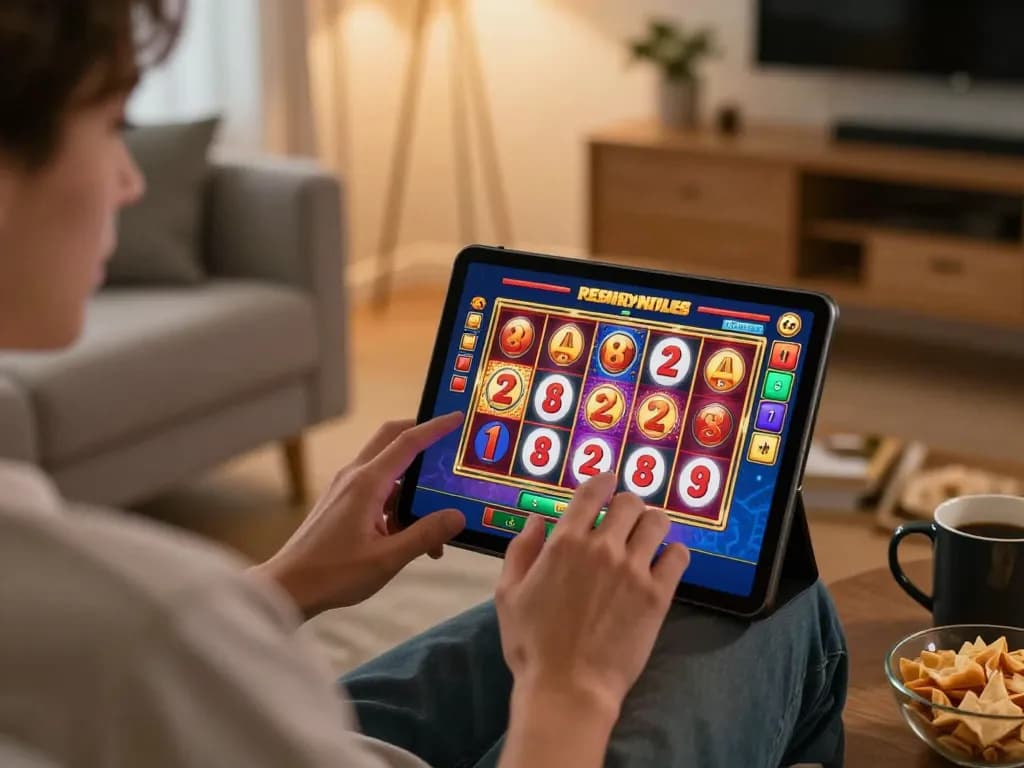 PHDREAM6268 user engaging with exciting slot games on a tablet in a cozy home environment.
