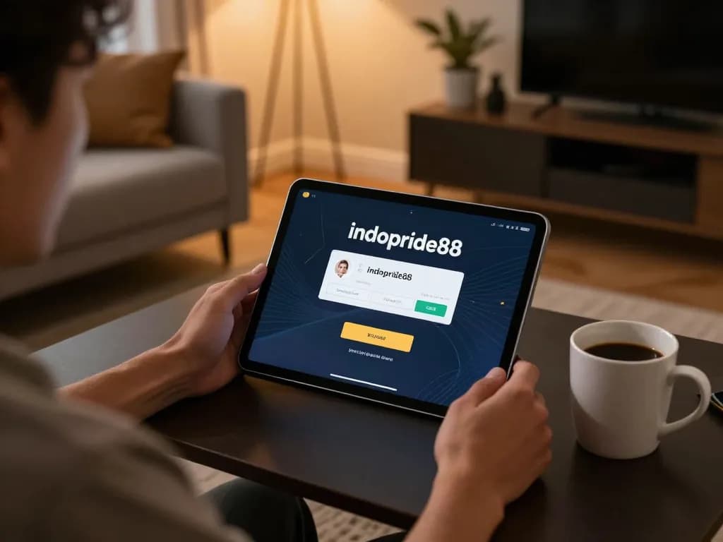 Login to indopride88 on tablet with cozy gaming setup in warm home environment.