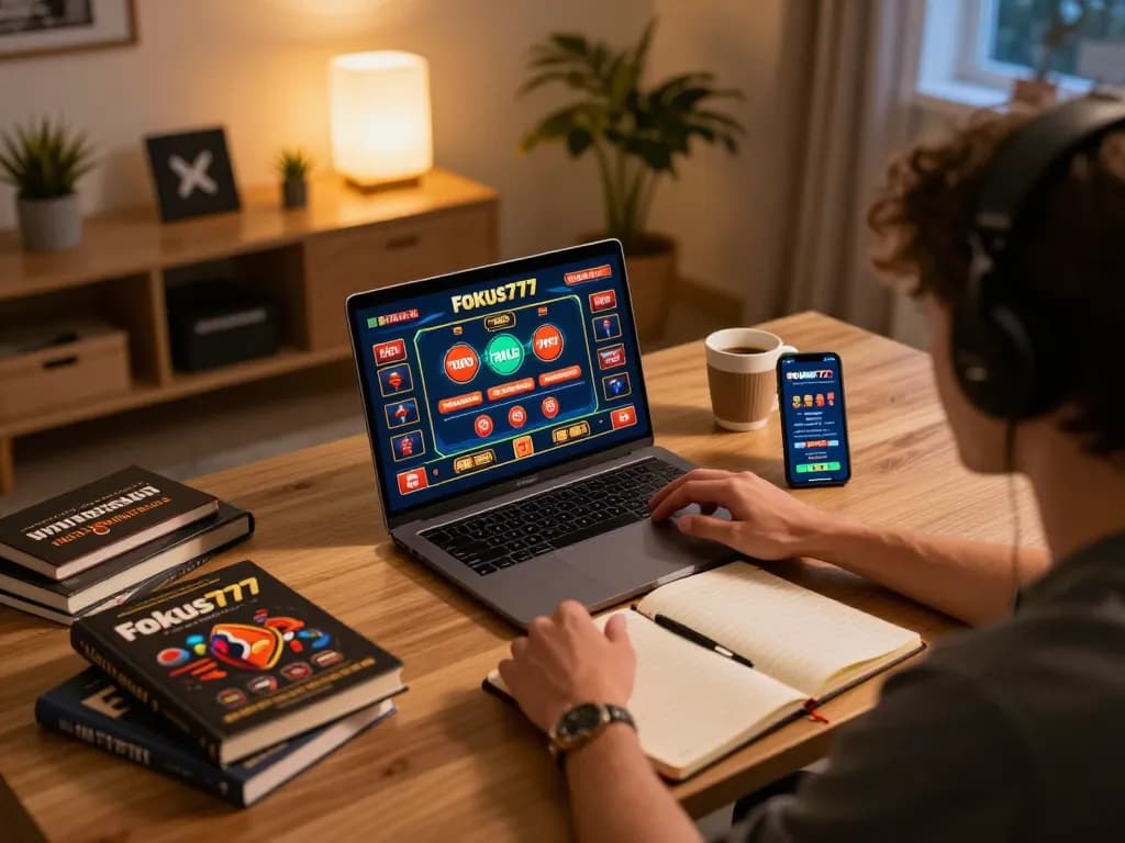 Engaging in strategic gameplay on Fokus777 with laptop, notebook, and betting strategy.