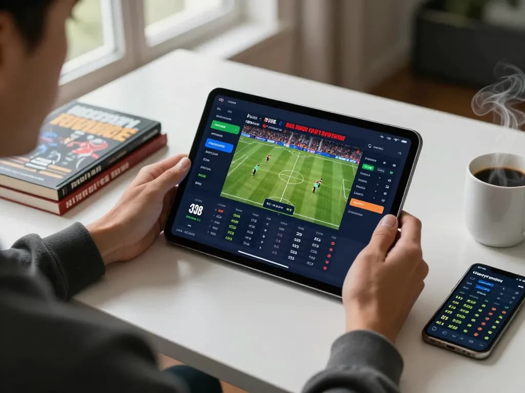 Engaging tablet betting scene showcasing vk88 sports betting app with real-time odds and user-friendly interface.