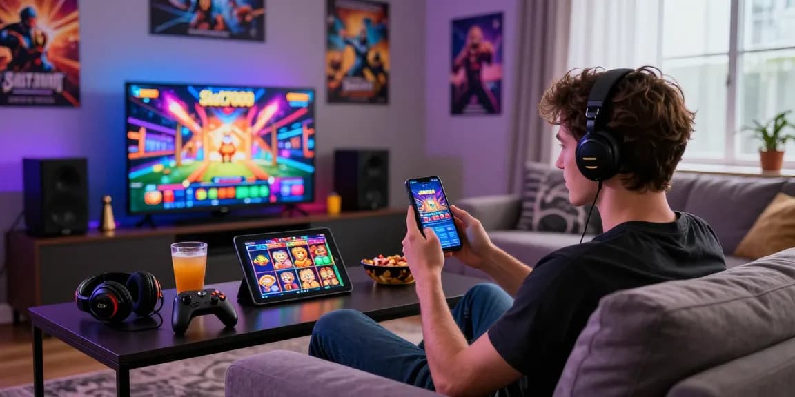 User enjoying Slot7000 gaming experience on smartphone with vibrant LED ambiance.
