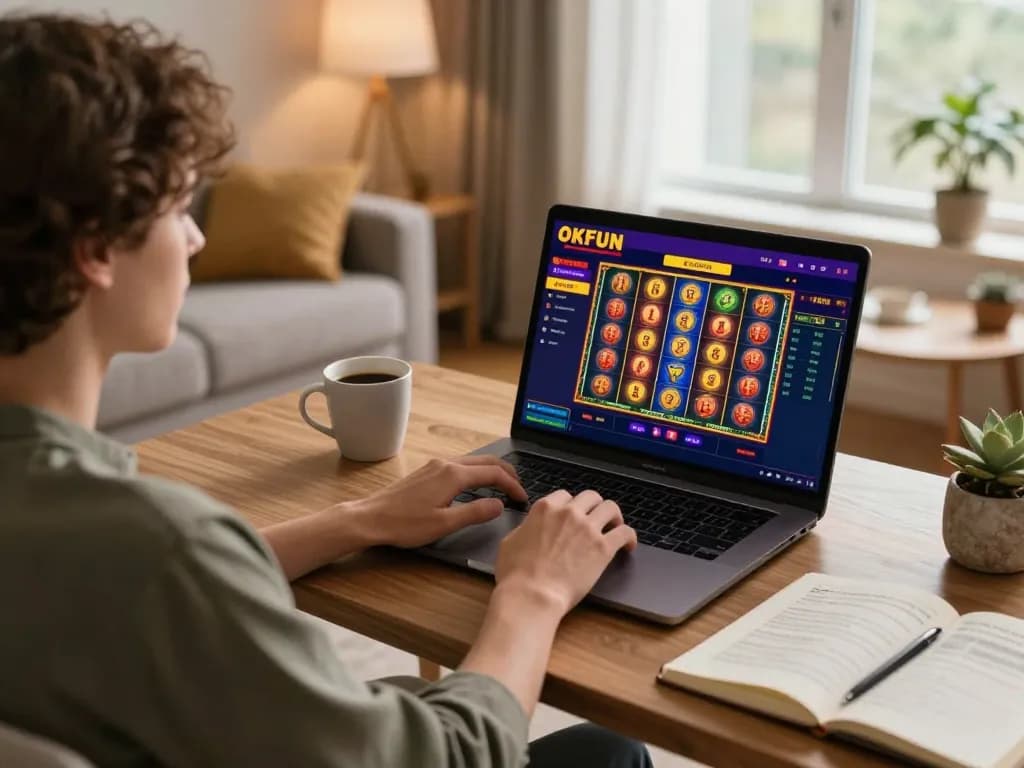 Engaging with okfun online casino on a laptop in a cozy home setting.