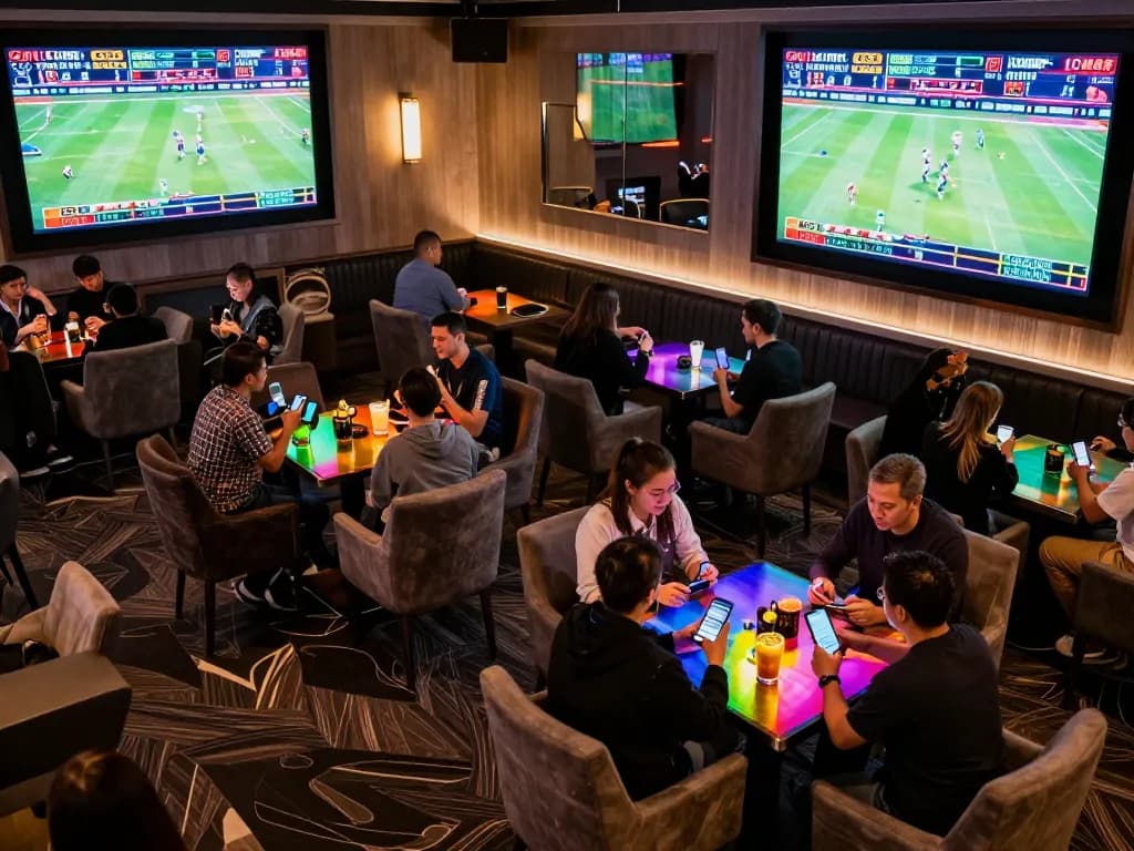 CM88 sports betting action with bettors actively engaging on mobile devices in an elegant lounge.