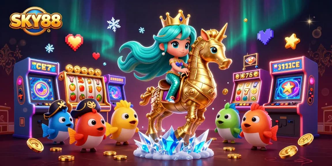 Experience the thrilling adventure with SKY88 as the mermaid princess rides a seahorse amidst vibrant slot machines.
