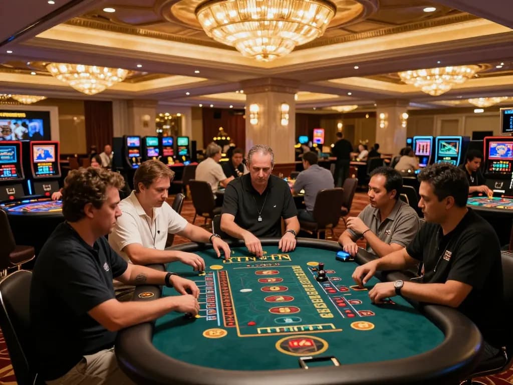 VSBET casino floor capturing multi-game action with players involved and elegant lighting.