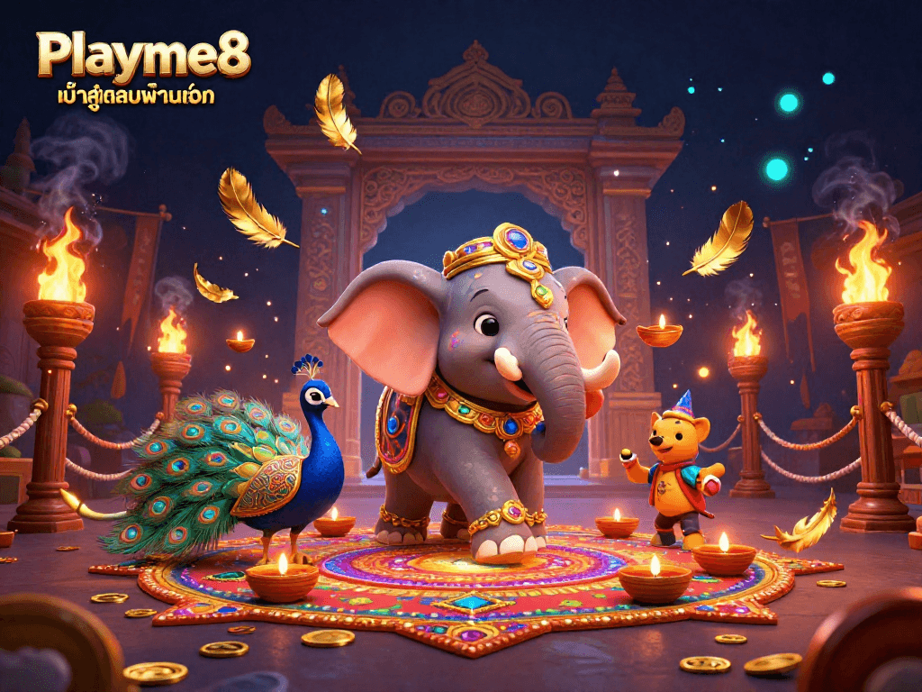 เกมคาสิโนออนไลน์ Playme8 เข้าสู่ระบบผ่านเว็บ กับช้างมงคลและนกยูงในบรรยากาศสุดพิเศษ